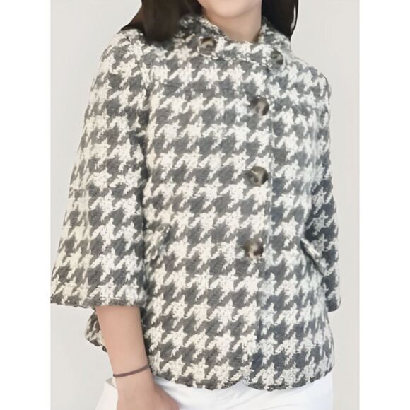 Anthropologie Cropped Houndstooth Hooded Jacket Wool Blend Grey Coat size M - Picture 1 of 10